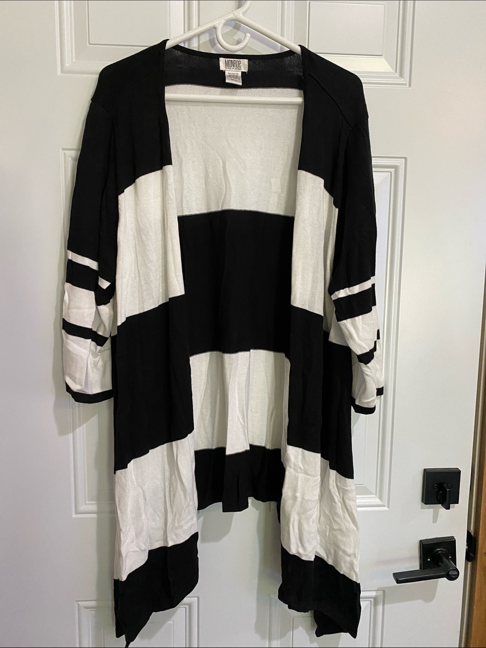 Monroe & Main Black and White Striped Open Cardigan